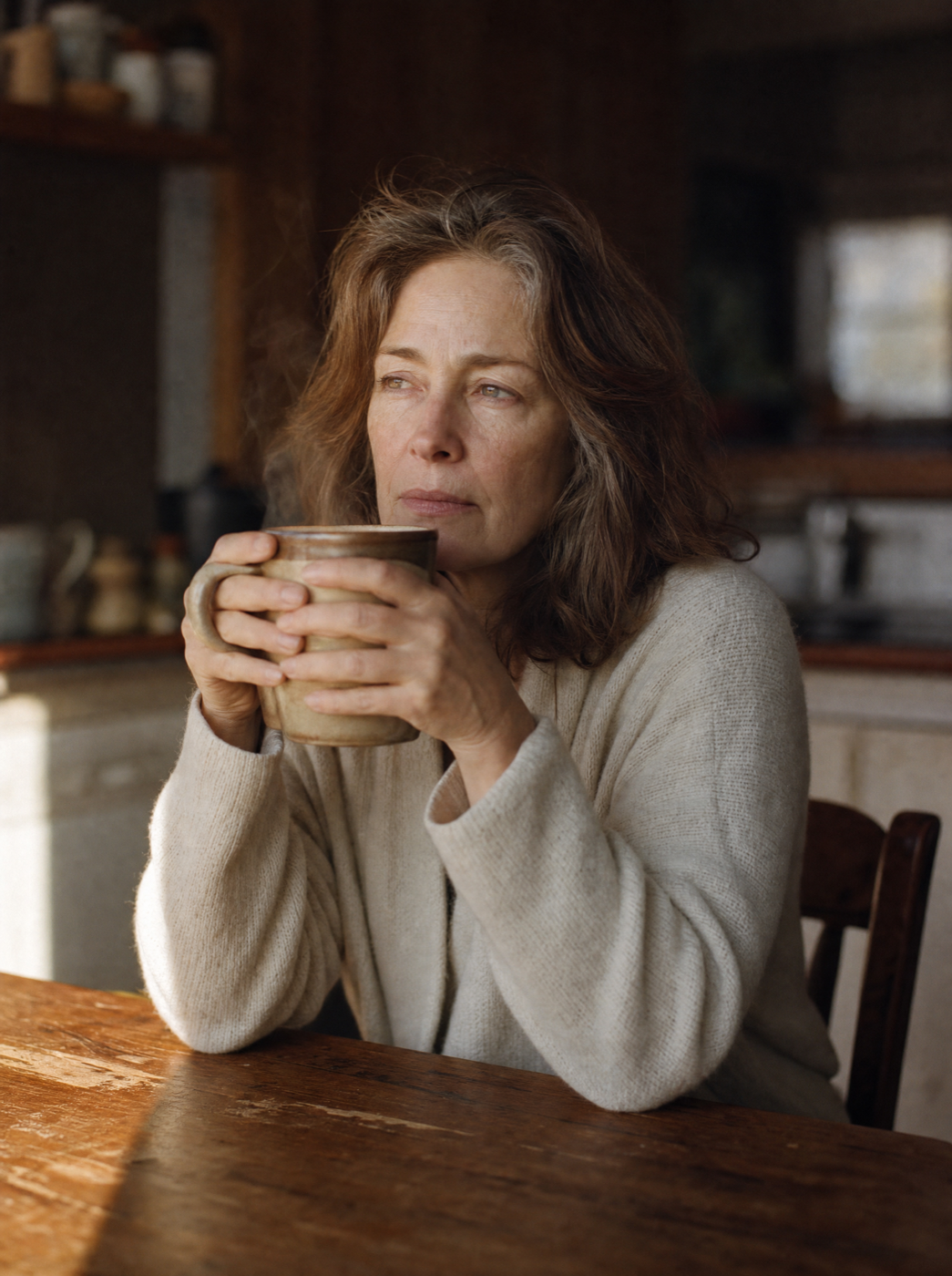 A woman sitting at her kitchen table in the morning, coffee in hand, staring off with a distant, foggy expression